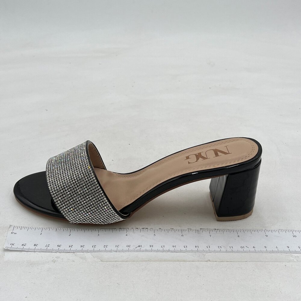 Black Rhinestones Open Toe Mule Chunky Heel Slide Slippers Slip On Sandals